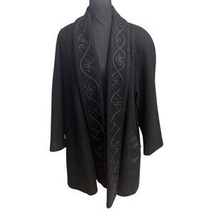 Vintage Jofeld Women M 80s Wool Swing Dress Coat Black Embroidered Shawl Collar